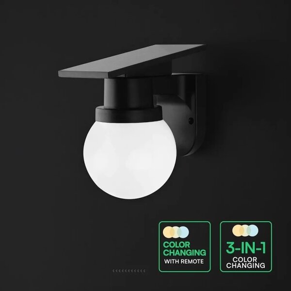LED solárne nástenné svietidlo LED/3,7V 3000/4000/6400K IP54 1800 mAh čierne + diaľkové ovládanie