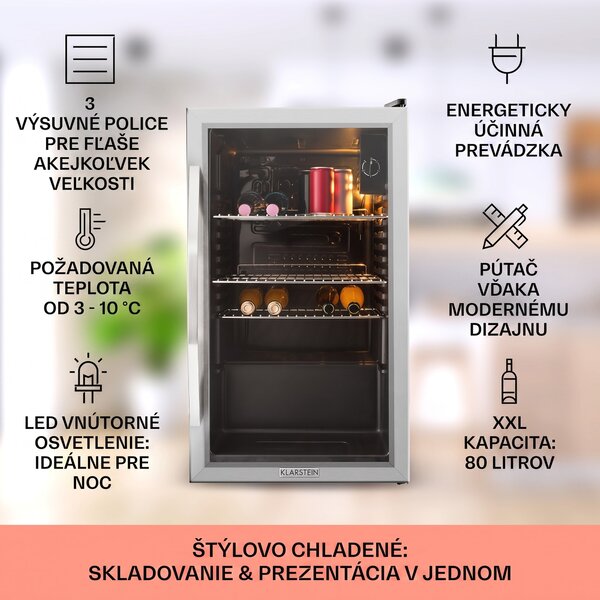 Klarstein Beersafe XXL, chladnička, 80 l, 3 police, energet. trieda E, panoramatické sklenené dvierka