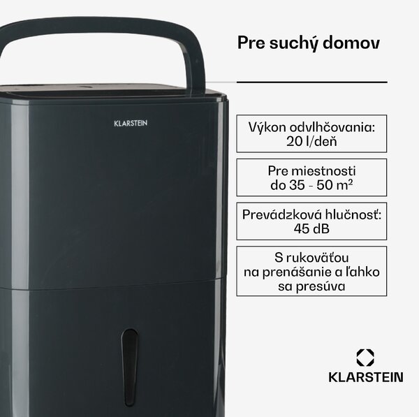 Klarstein DryFy20 Odvlhčovač vzduchu 420W 20l/d 230m³/h 35-50m² DrySelect 45dB Sivá