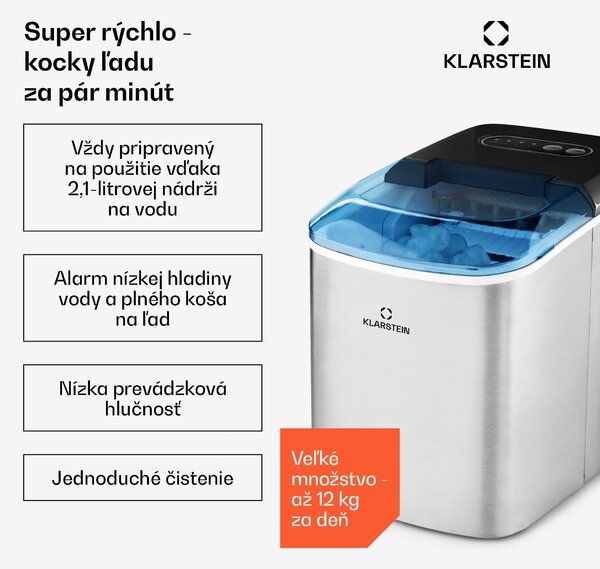 Klarstein On-The-Rocks, výrobník ľadu, 12 kg/24 h, nádrž 2,1 l, LED, nehrdzavejúca oceľ, čierny