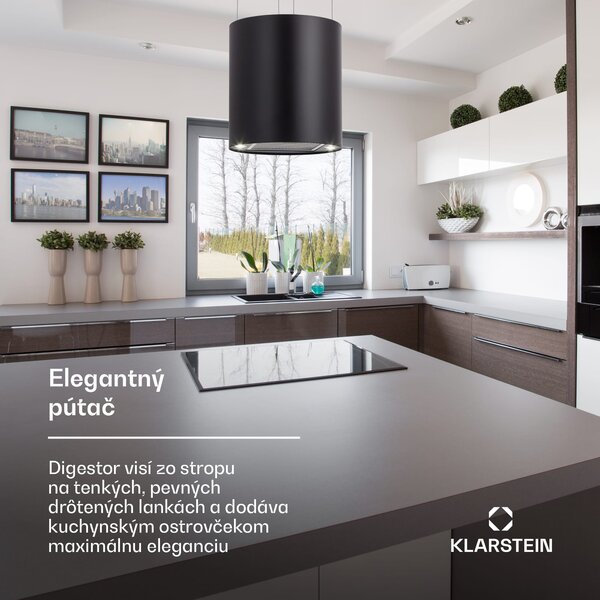 Klarstein Barett, digestor, 35 cm, ostrovčekový, 522 m³/h, LED, filter s aktívnym uhlím, čierny