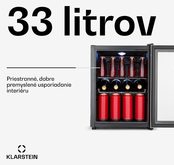 Klarstein Beersafe M, chladnička, energet. trieda C, LED, 2 kovové police, sklenené dvierka, čierna