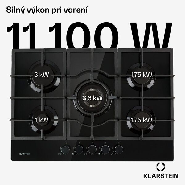 Klarstein Ignito 5, plynová varná doska, 5 Sabaf horákov, sklokeramika, čierna