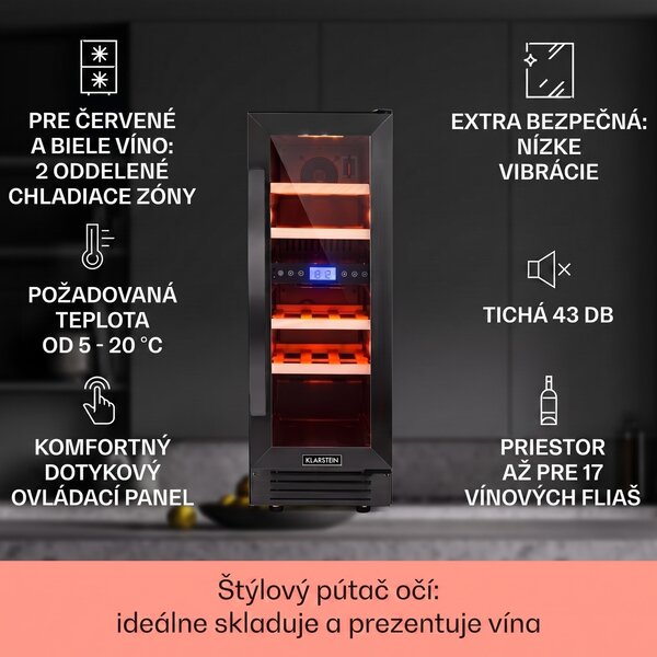 Klarstein Vinovilla 17 Built-in Duo Onyx Edition, dvojzónová vinotéka, 53 l, 17 fliaš, 3-farebné LED osvetlenie, sklenené dvere