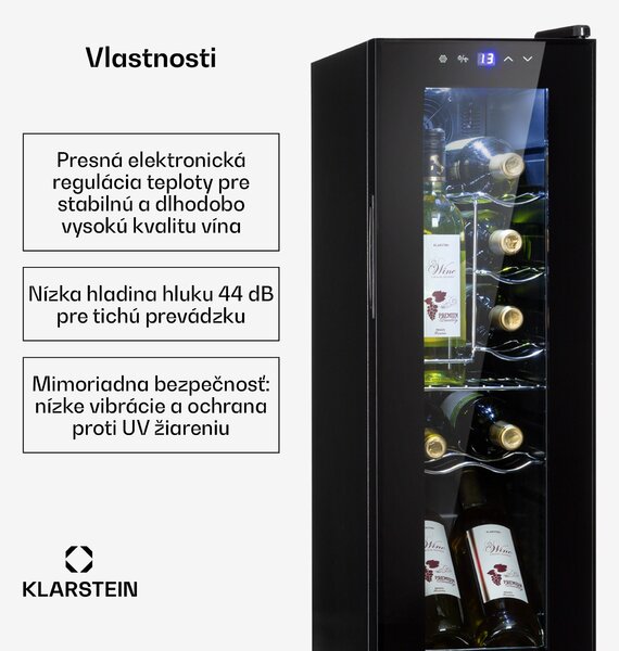 Klarstein Shiraz 12 Slim, vinotéka, 32 l, 12 fliaš, 85 W, 5–18°C, dotykový ovládací panel