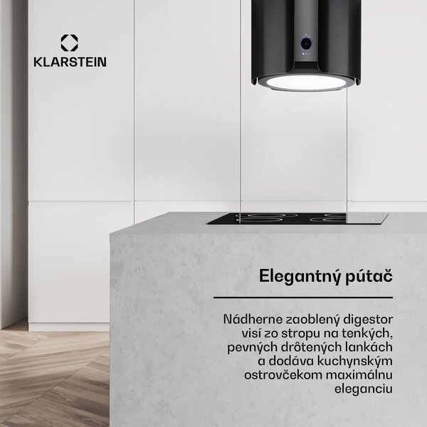 Klarstein Skyfall, digestor, 45 cm, ostrovčekový, 413 m³/h, LED, nehrdzavejúca oceľ, čierny