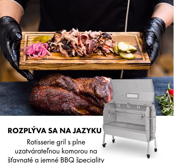Klarstein Sauenland Pro XL, gril na prasiatko, otočný špíz, 13 W, 4 kolieska, ušľachtilá oceľ