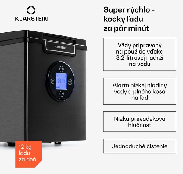 Klarstein Icemeister 2G, výrobník ľadu, 12 kg/24 h, LCD displej, nehrdzavejúca oceľ
