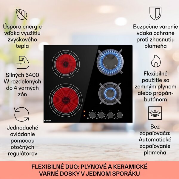 Klarstein MultiChef 4, kombinovaná plynová varná doska, 4 zóny, plyn/sklokeramika