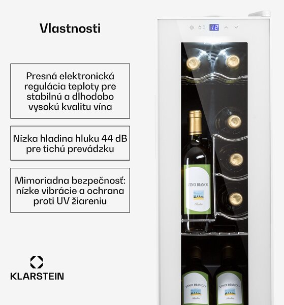 Klarstein Shiraz 12 Slim, vinotéka, 32 l, 12 fliaš, 85 W, 5–18°C, dotykový ovládací panel