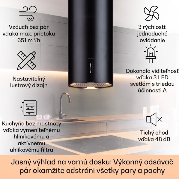 Klarstein Bolea, digestor, 38 cm, ostrovčekový, 651 m³/h, LED, filtre s aktívnym uhlím, nehrdzavejúca oceľ