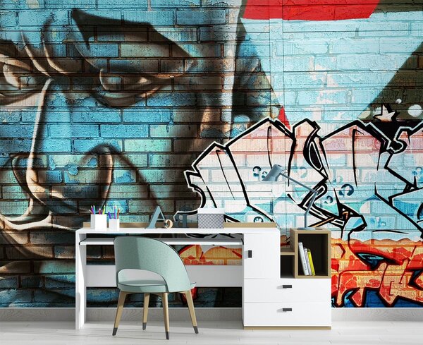 Fototapeta Graffiti na stene, modrá tvár Materiál: Vliesová, Rozmery: 200 x 140 cm