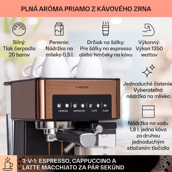 Klarstein Arabica Comfort kávovar s portafiltrom, 1350 W, 20 bar, 1,8 l, dotykový ovládací panel
