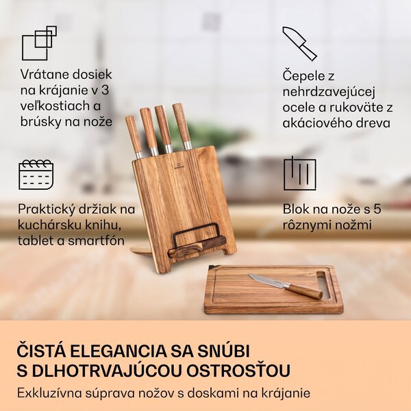 Klarstein Komaki 8-dielna sada nožov 5 nožov, 3 dosky na krájanie, brúsič nožov, stojan na tablet