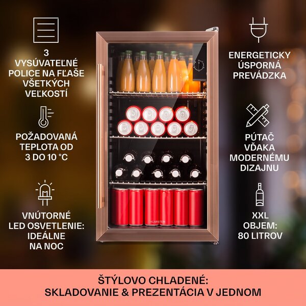 Klarstein Beersafe XXL, chladnička, 80 l, 3 police, energet. trieda E, panoramatické sklenené dvierka