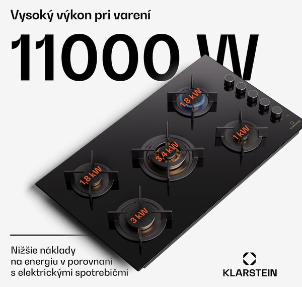 Klarstein Goldflame 5, plynová varná doska, sebestačná, 5 horákov, bočné ovládanie, plyn/propán, sklokeramika, čierna