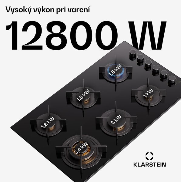 Klarstein Goldflame 6 samostatná plynová varná doska 6 horákov, bočné ovládanie, zemný/propán plyn, čierna sklokeramika