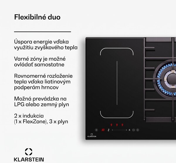 Klarstein MultiChef 5, indukčná a plynová varná doska, 5 varných zón, 3 plynové horáky, 2 indukčné varné dosky, FlexZone