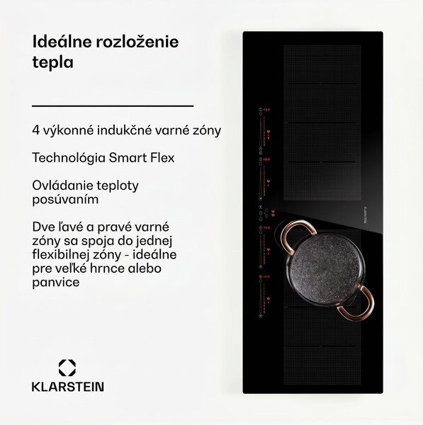 Klarstein Masterzone 90 Slim Flex, indukčná varná doska, max. 7200 W, vstavaná, 4 zóny, 2 Flex zóny, technológia ThermoBoost, Smart Flex