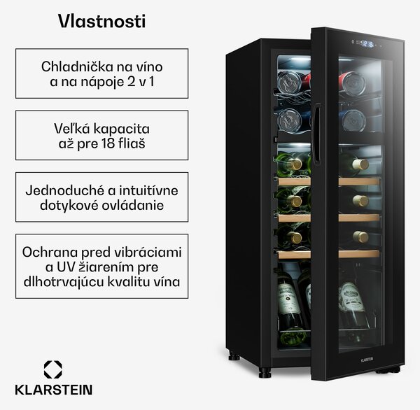 Klarstein Bovella 18 Duo+, dvojzónová vinotéka, 50 l, 18 fliaš, sklenené dvierka