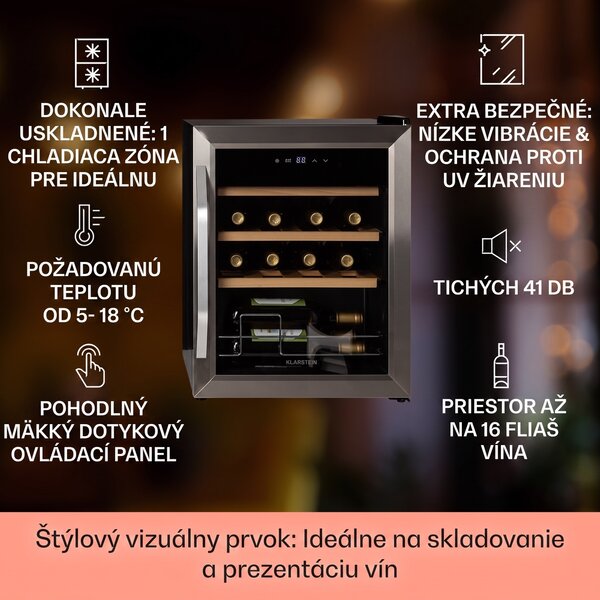 Klarstein Vinamour 16 Uno, vinotéka, 42 l, 16 fliaš, 5-18°C, 41 dB, sklo