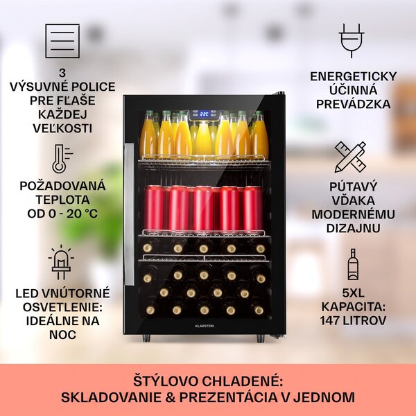 Klarstein Beersafe 5XL, chladnička, 147 l, 3 police, panoramatické sklenené dvere, nehrdzavejúca oceľ