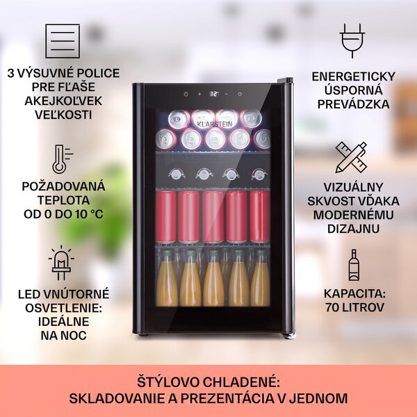 Klarstein Beercave 70, chladnička, 70 l, 3 police, trojito izolované sklenené dvere, dotyková