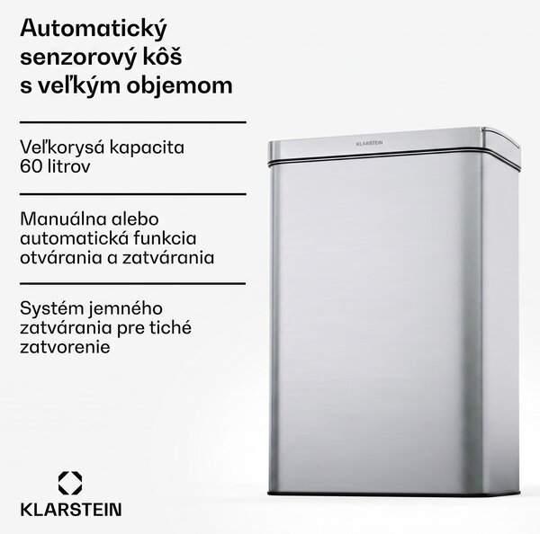 Klarstein Touchless, senzorový odpadkový kôš, 60 l, z nehrdzavejúcej ocele, Soft-Close zatváranie, napájaný batériou, LED displej, časovač