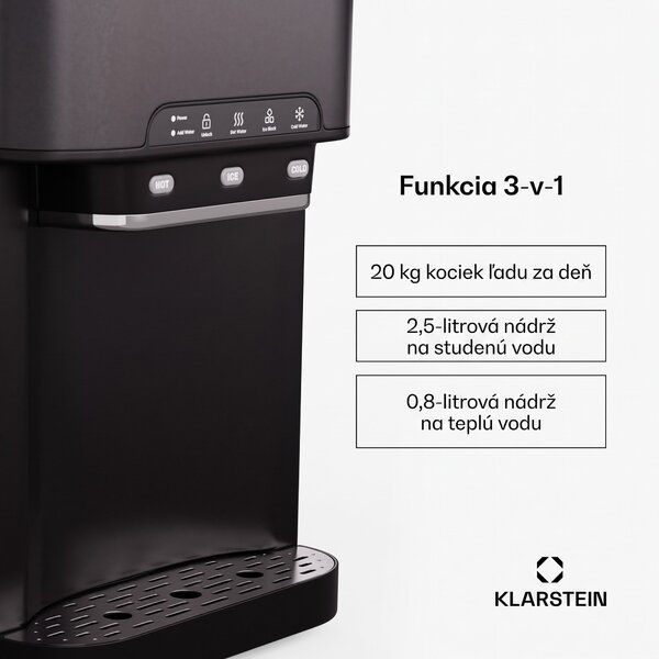 Klarstein Aqueous výrobník ľadu 3 v 1: kocky ľadu, dávkovač vody: horúca a studená, 20 kg/24h