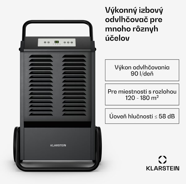 Klarstein DuraDry 90L odvlhčovač vzduchu, 90 l/deň, 120-180 m², nehrdzavejúca oceľ, mobilný, 450 m³/h