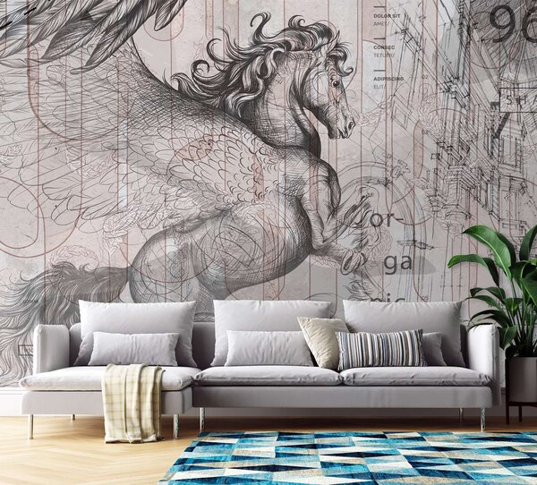Fototapeta Pegasus - vystrašený kôň na abstraktnej grafike Materiál: Vliesová, Rozmery: 200 x 140 cm