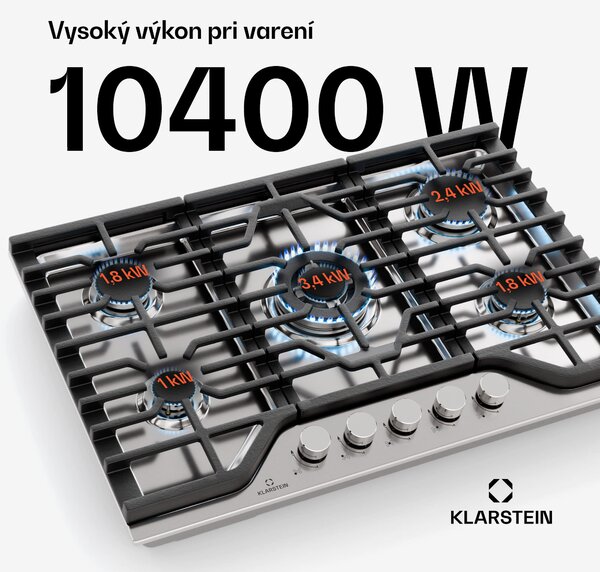 Klarstein Turbocast plynová varná doska, 304 nehrdzavejúca oceľ, 5 horákov, profesionálny liatinový držiak, horák wok