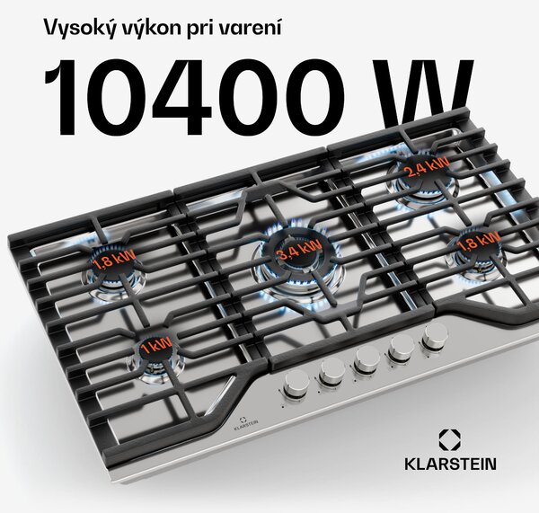 Klarstein Turbocast plynová varná doska, 304 nehrdzavejúca oceľ, 5 horákov, profesionálny liatinový držiak, horák wok
