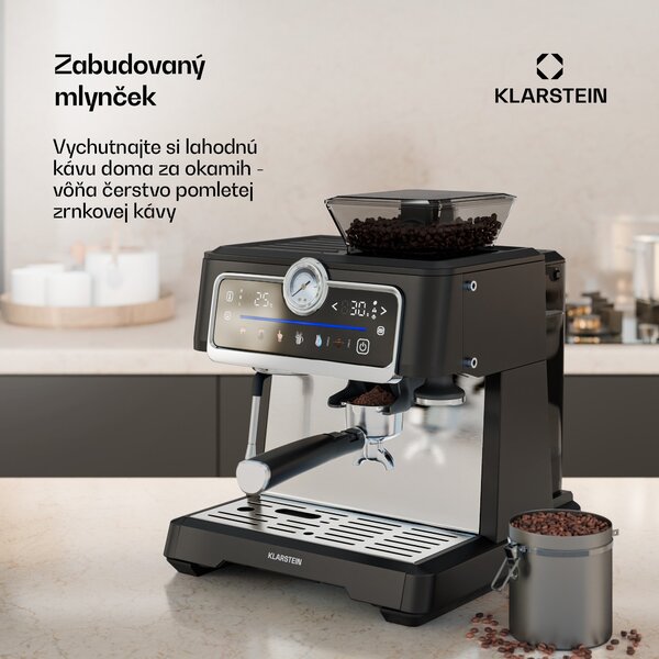 Klarstein GrandPresso Touch kávovar, 20 barov, integrovaný mlynček, indikátor tlaku, mliečna pena