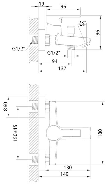 Invena Bralos, nástenná vaňová batéria, chrómová, INV-BW-07-001-A