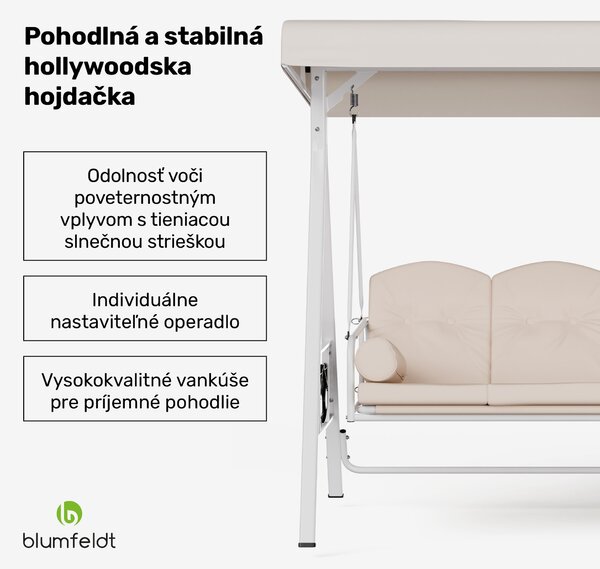 Blumfeldt GranSway hollywoodska hojdačka 3-miestna Individuálne nastaviteľná Oceľ s práškovou povrchovou úpravou Odolná voči poveternostným vplyvom