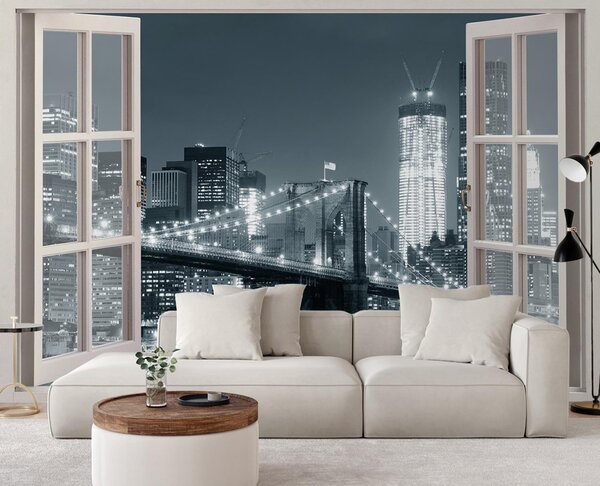 Fototapeta Okno - New York City Brooklyn Bridge v čiernej a bielej farbe Materiál: Vliesová, Rozmery: 140 x 100 cm