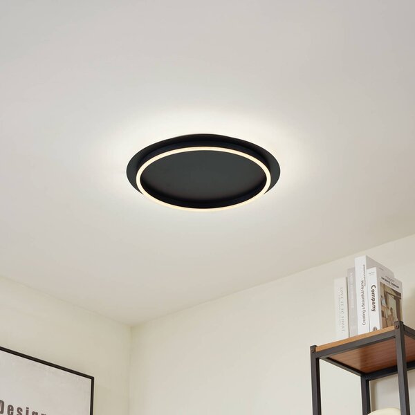 Lindby LED stropné svietidlo Kunis, čierne, plast, Ø 46 cm, Čierna, Obývacia izba / jedáleň, Plast, Moderný, Závesné svietidlo