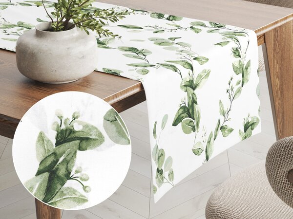 Biante Bavlnený behúň na stôl Sandra SA-422 Zelené listy na bielom 20x140 cm