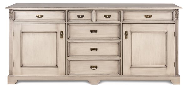 Široká krémová patinovaná komoda s tromi dvierkami a siedmimi zásuvkami