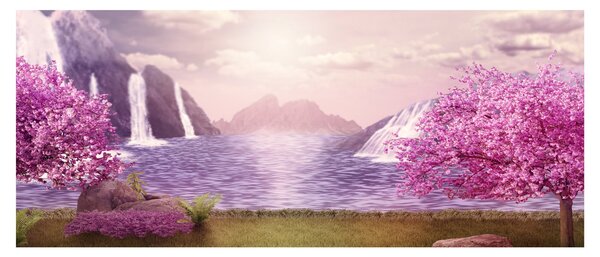 Obraz ružových stromov s jazerom (120x50 cm)
