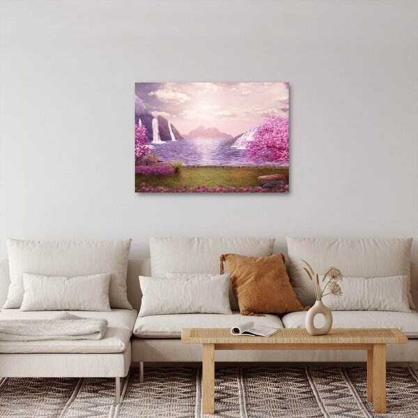 Obraz ružových stromov s jazerom (70x50 cm)