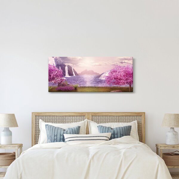 Obraz ružových stromov s jazerom (120x50 cm)
