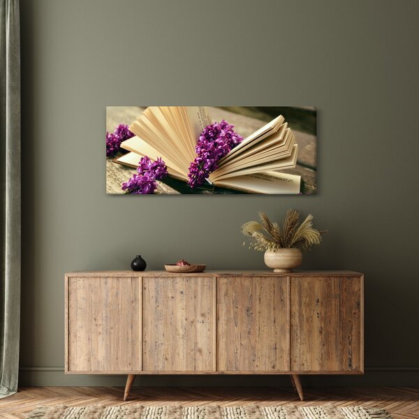 Obraz knihy a fialovej kvetiny (120x50 cm)