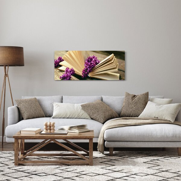 Obraz knihy a fialovej kvetiny (120x50 cm)