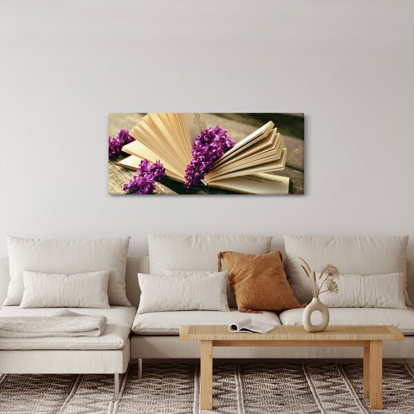 Obraz knihy a fialovej kvetiny (120x50 cm)