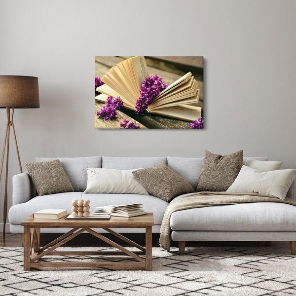 Obraz knihy a fialovej kvetiny (90x60 cm)