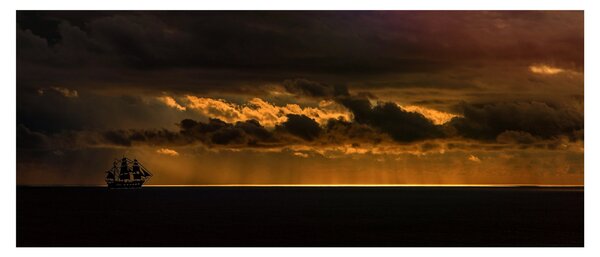 Obraz plachetnice pri západe slnka (120x50 cm)