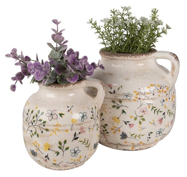 Béžový keramický dekoratívny džbán so žltými kvietkami Ylla M - Ø 12*14 cm - Clayre & Eef