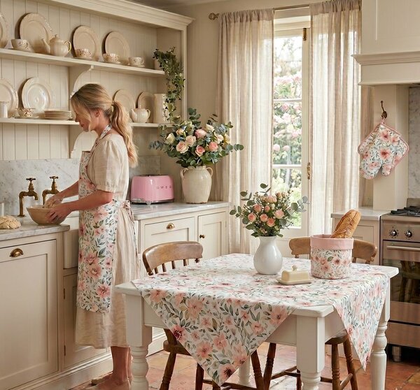 Biela bavlnená zástera s ružami Soft Romantic Blush - 70*85 cm - Clayre & Eef